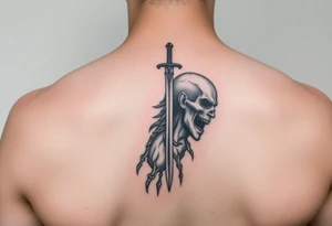 Fear god on left side only with the pain I’ve been feeling does not compare to the joy that’s coming down spine with a little sword at top tattoo idea