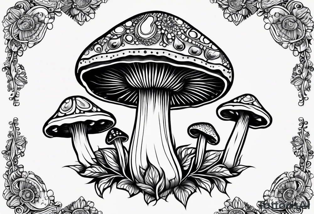 Large Shaggy cap mushroom dripping ink off cap with 4 smaller mushrooms around it mandala henna black tattoo design tattoo idea