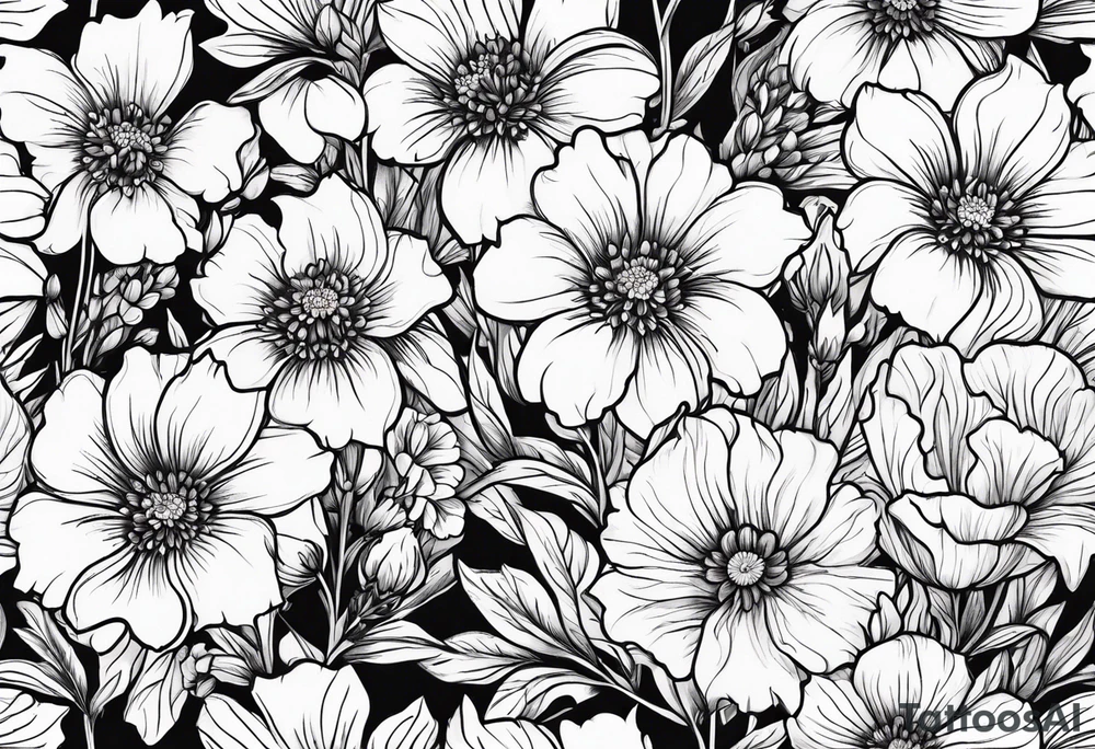 Simple Tattoo of larkspur, stemmed carnation, stemmed violet, stemmed daisy  bouquet tattoo idea