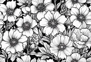 Simple Tattoo of larkspur, stemmed carnation, stemmed violet, stemmed daisy  bouquet tattoo idea