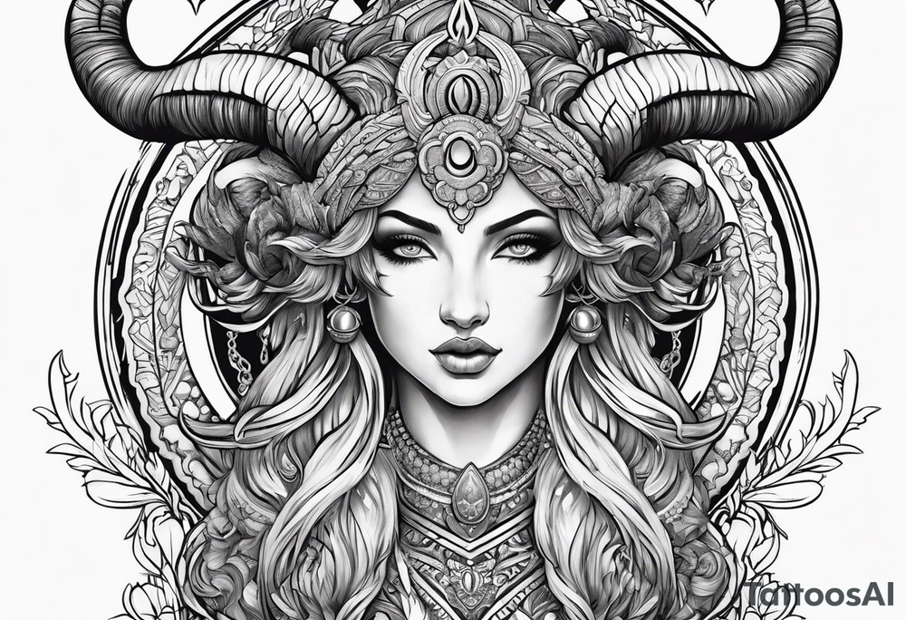 Aries goddess with ram horns tattoo idea