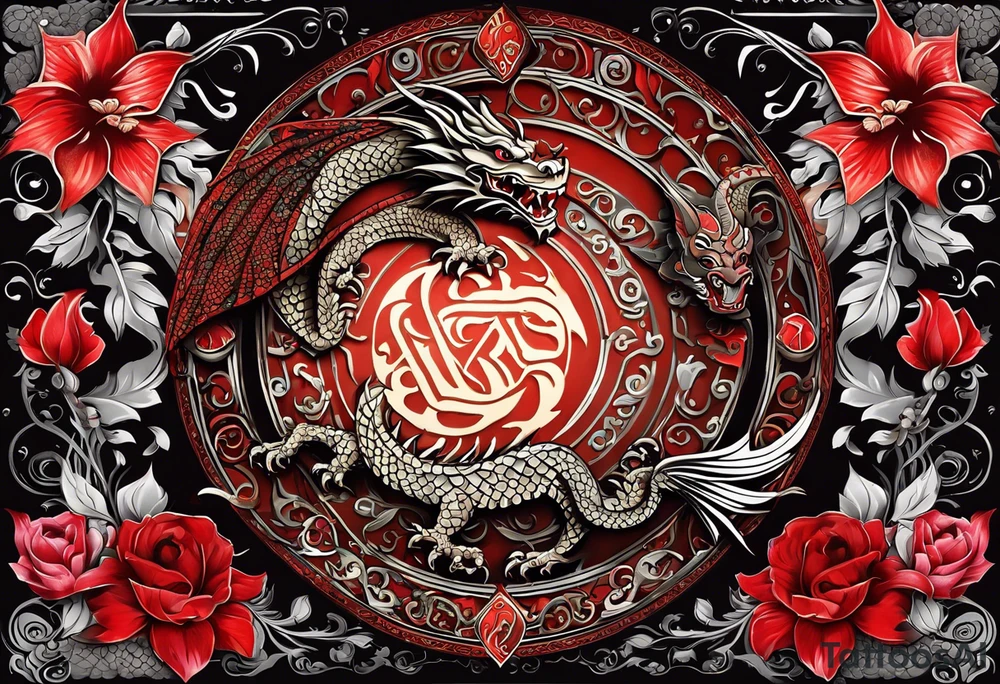 Quiero un tatuaje en toda la espalda con dos dragones verticales uno en frente del otro (uno con faceta fiera y el otro con faceta amable), con un sol o luna rojo en medio, y otros detalles de letras en chino y flores tipo cerezo (en rojo y negro) tattoo idea