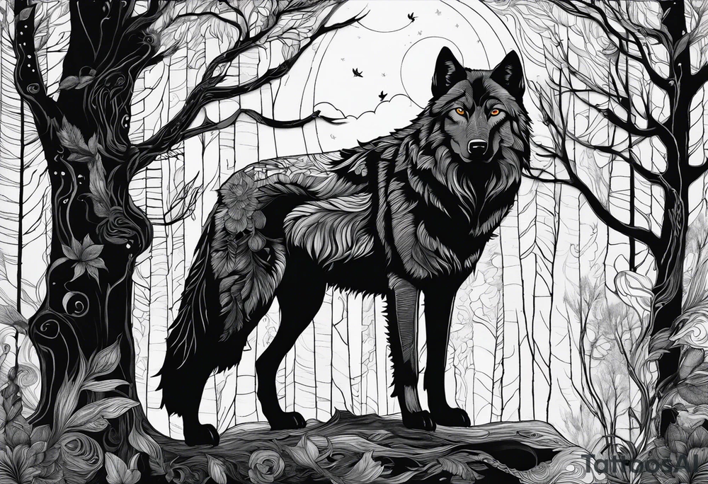 main character is an impressive wolf, a crow talks to the wolf, background a gloomy mysterious forest tattoo idea