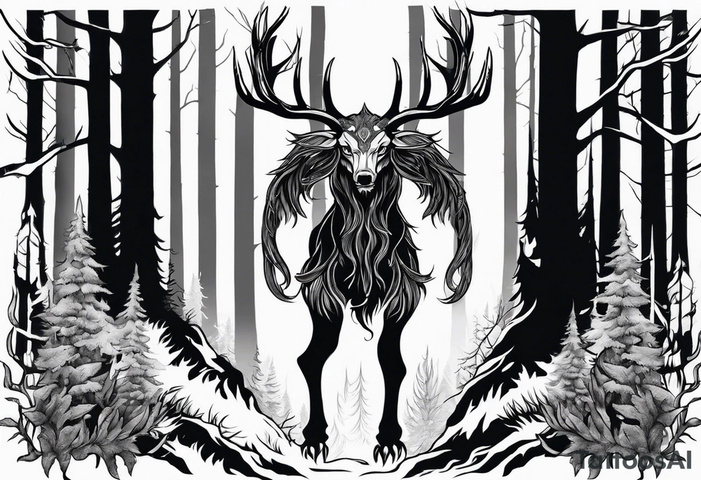 A wendigo with flames in a forest tattoo idea