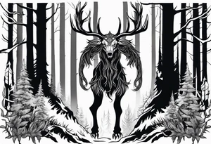 A wendigo with flames in a forest tattoo idea