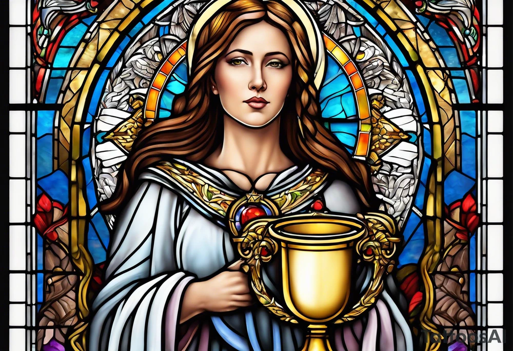 holy saint woman with halo stained glass holding a chalice with artillery tattoo idea