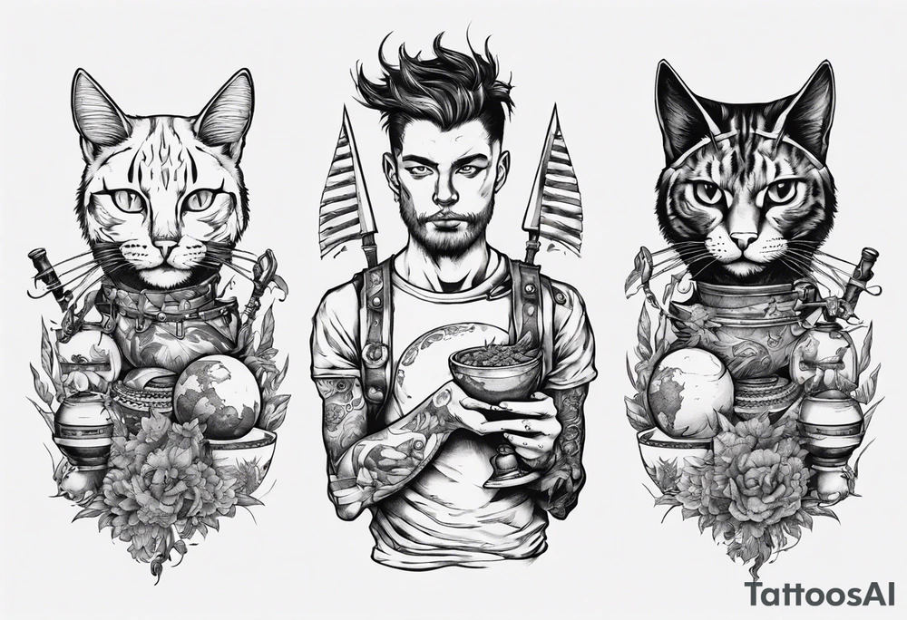 Warrior in the harder feeding a cat with the world on his shoulders tattoo idea