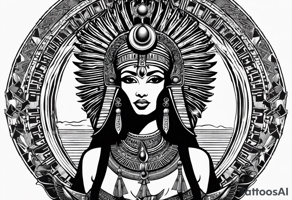 black and white Egyptian goddess Isis, who is often depicted as a woman with outstretched wings, holding an ankh (a symbol of life) in one hand and a lotus flower in the other. Her headdress often includes a throne or a solar disk. The tattoo design can vary in style and size, but it typically aims to capture the essence of this revered Egyptian deity, emphasizing her beauty, power, and maternal qualities. The choice of colors and additional elements can also be customized to create a unique and visually striking representation of the goddess Isis tattoo idea