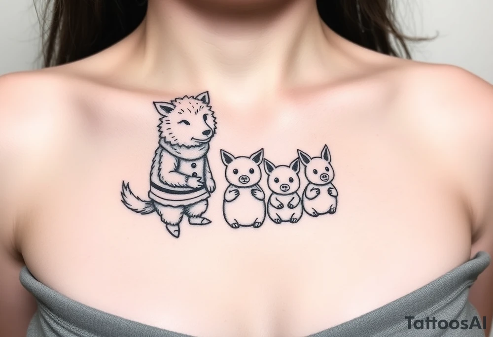 Big bad wolf in a sheep costume hunting 3 little pigs tattoo idea