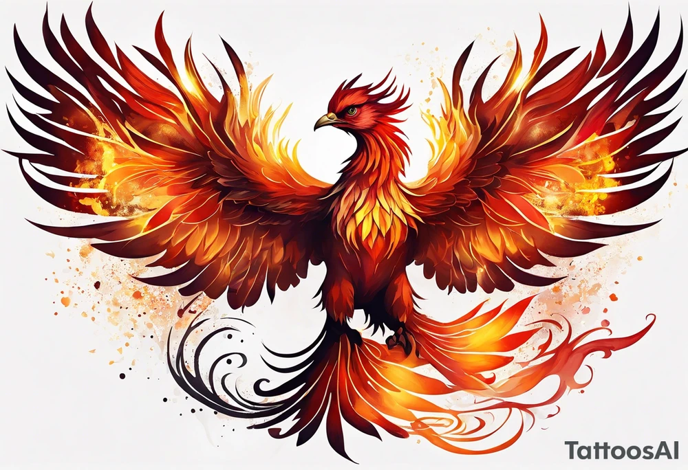 beautiful phenix, rising from fire and ash, signaling rebirth, renewal, beautiful, intricate, orange, red, deep red, bright orange, light yellow,. dark yellow, tattoo idea