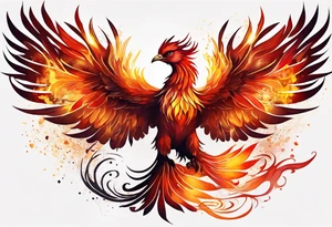 beautiful phenix, rising from fire and ash, signaling rebirth, renewal, beautiful, intricate, orange, red, deep red, bright orange, light yellow,. dark yellow, tattoo idea