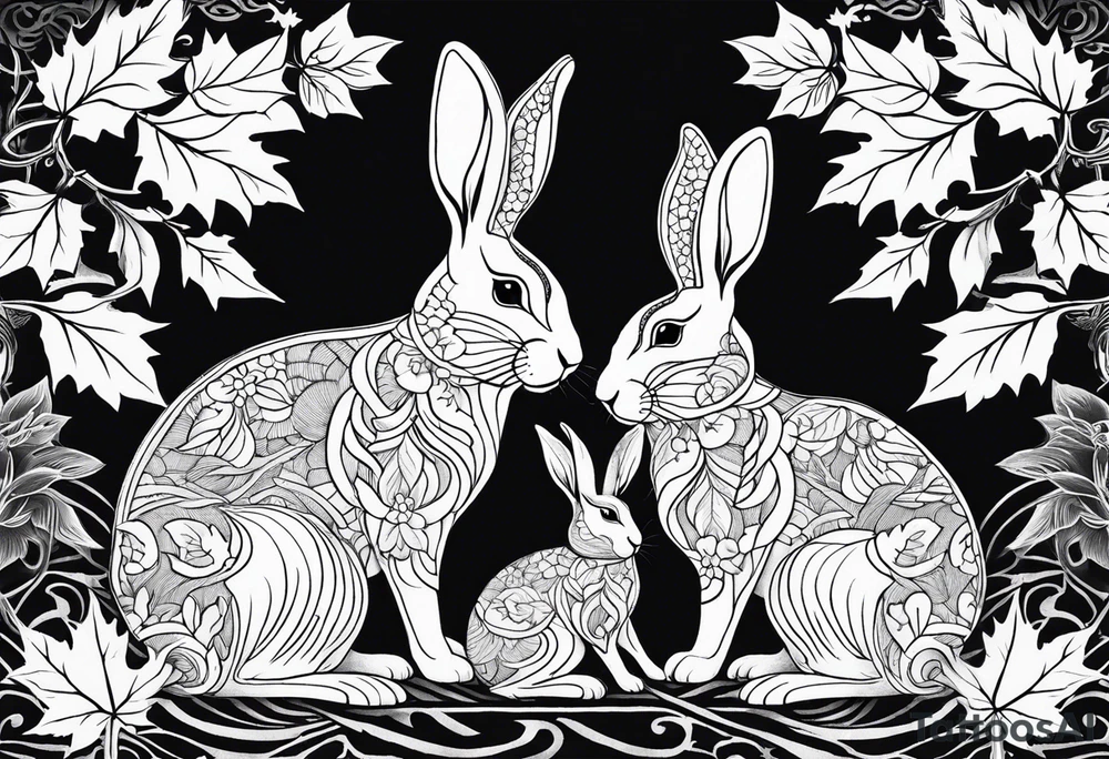 two bunnies, one smaller, one larger, with their backs, holding a maple leaf tattoo idea two bunnies, one smaller, one larger, with their backs, holding a maple leaf tattoo idea