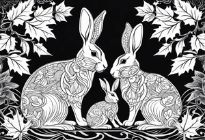 two bunnies, one smaller, one larger, with their backs, holding a maple leaf tattoo idea