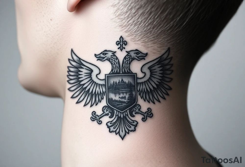 Traditional authentic Russian coat of arms with double headed eagle & a well shaded Christian orthodox virgin marry crest in the middle with silhouette of a lake in a Russian wilderness Christian orthodoxy dome church village setting on the side of my neck tattoo idea
