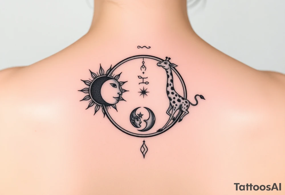 Gemini and sagittarius in a yin and yang theme, sun and moons with a giraffe tattoo idea