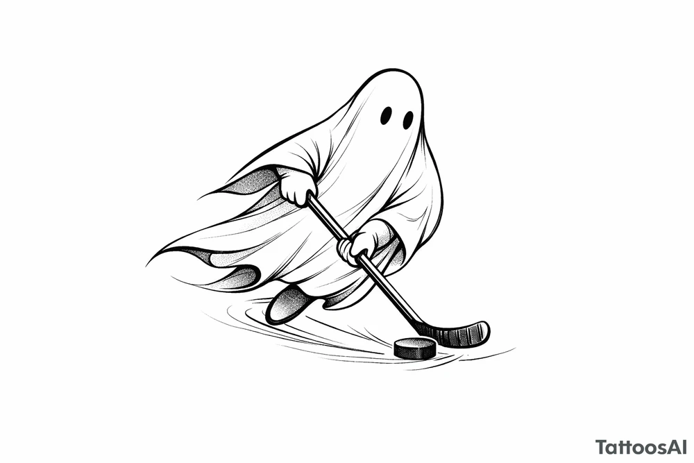 Minimalist ghost silhouette stickhandling a puck on ice tattoo idea