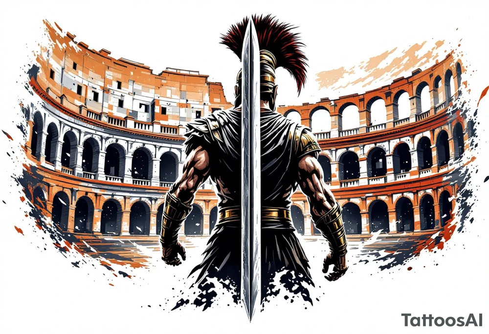 Roman gladiator from behind holding a broadsword in front of the Colliseum arena tattoo idea