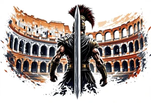 Roman gladiator from behind holding a broadsword in front of the Colliseum arena tattoo idea