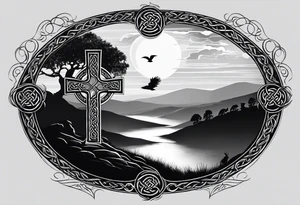 A stone Celtic cross solemnly standing atop a hill, a flock of ravens flies by in the distance. Mist rolls along the hilltops adding to the melancholic nature of the scene tattoo idea