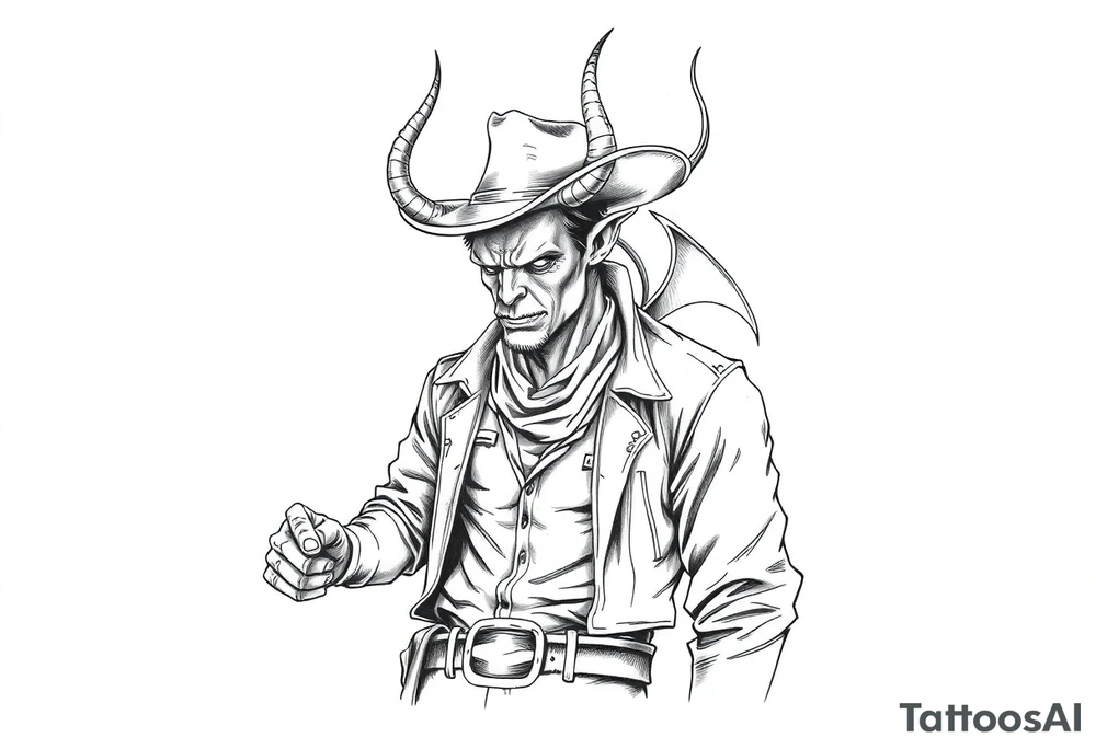 demon in cowboy-clothing,desert. tattoo idea