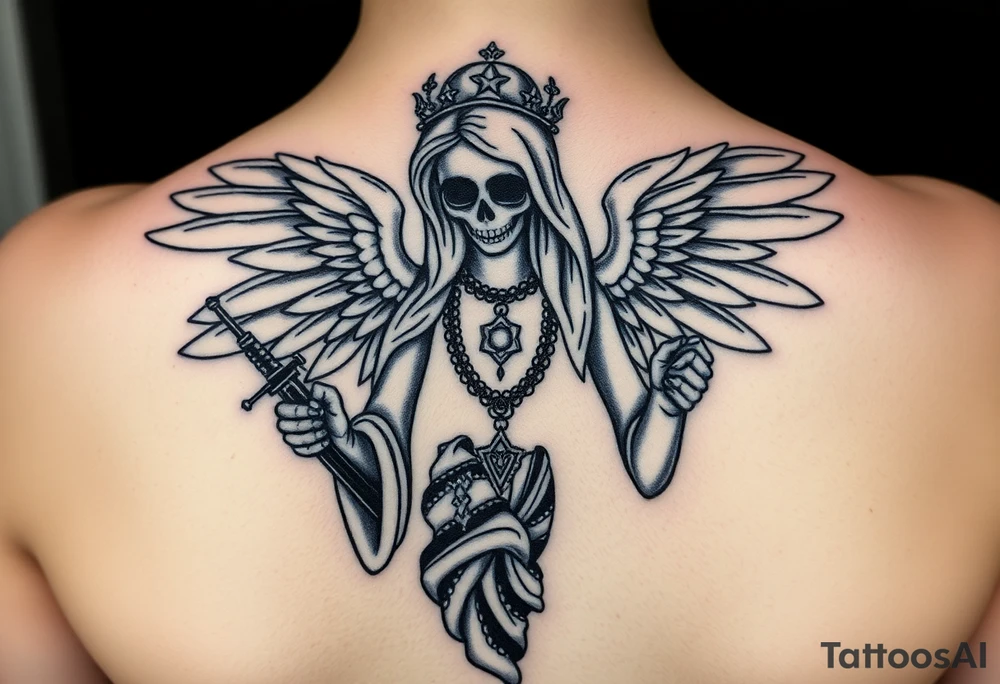 old angel statue (Santa Muerte style) criminal style tattooed and at the same time contemporary, weapons in hand, gangster-style gold necklaces tattoo idea