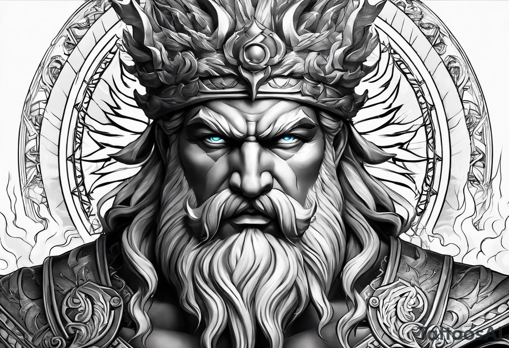 Zeus holding Lightning balls with Lightning eyes asserting dominance tattoo idea
