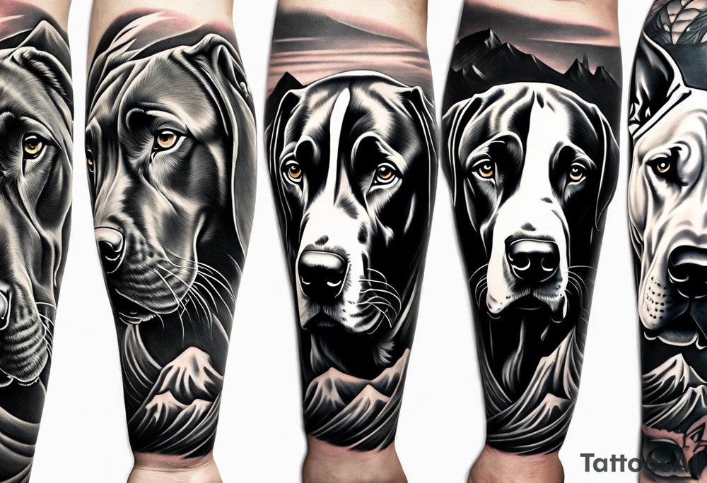 Full arm sleeve. Four Great Danes together exploring waterfall tattoo idea