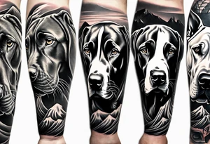 Full arm sleeve. Four Great Danes together exploring waterfall tattoo idea