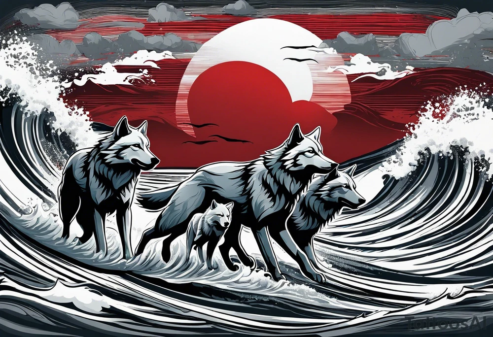 a pack of 3 howling muscular  gray wolves surfing waves with a linear background with red, white and black and gray tattoo idea