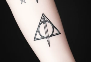 deathly hallows symbol from harry potter with a sword in the middle tattoo idea