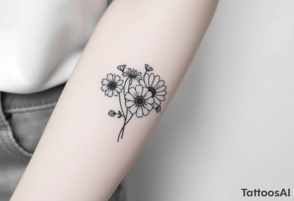 Small flower bouquet with order of flowers, daisy, cosmo, poppy, chrysanthemum, cosmo tattoo idea