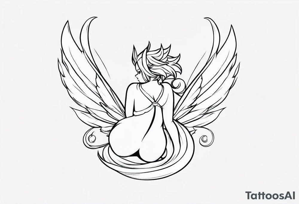 No color fairy with a tail inspired by the logo of the show called Fairy Tail in a fetal position leaning in and forward tattoo idea