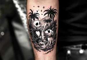 jack skellington with dog smoking a blunt, in nature jungle, waterfall, birds, palm trees tattoo idea