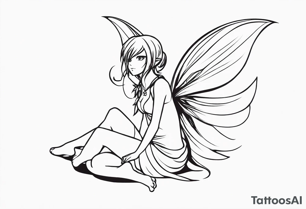 No color sketch of a fairy with a tail inspired by the guild symbol in the anime show called Fairy Tail in a fetal position leaning forward while crawled in and her body is an angle while floating in the air with big wings tattoo idea