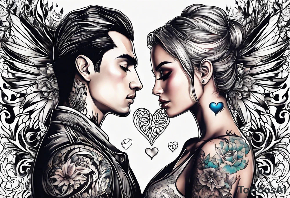 In thiele sfumato. A girl with an empty heart and a guy with a burning heart. They stand back to back tattoo idea
