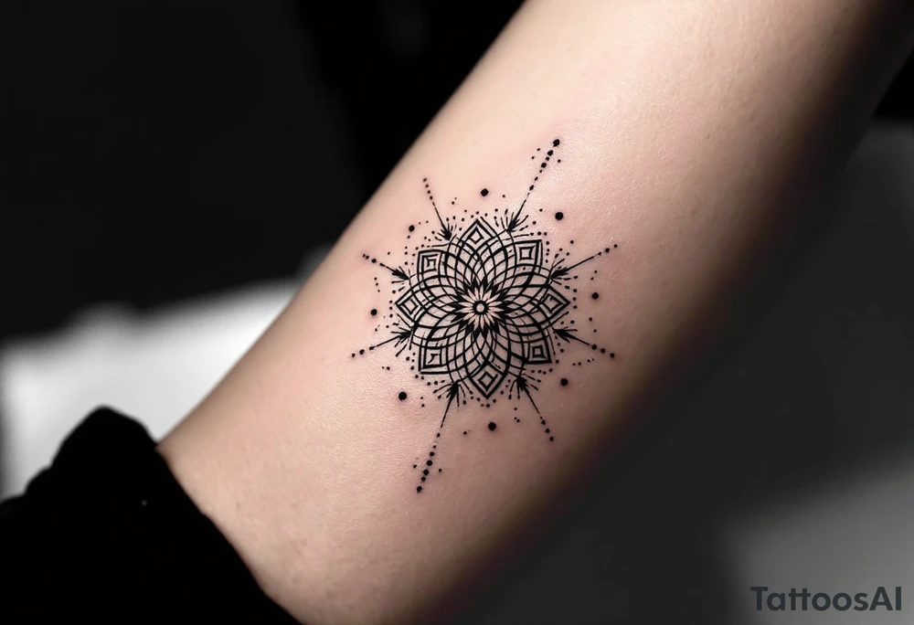 simple, minimalist tattoo, sacred geometry mandala, centerpiece design, dotwork patterns, radiating geometry, symmetrical mandala, geometric shapes, intricate dotwork, sacred patterns, mandala center, geometric radiating, fine line work, black grey shading, minimalist design, no outlines, arm placement, delicate linework, precise geometry, clean symmetry, sacred symbols, geometric precision, dotwork details, mandala focal point, refined patterns, understated complexity, geometric harmony, minimalist tattoo idea