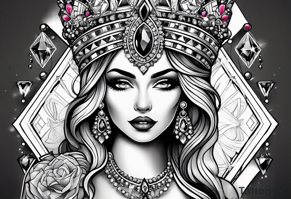 Fancy queen of diamonds and gemstones tattoo idea