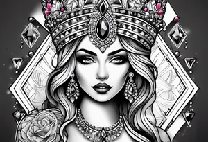 Fancy queen of diamonds and gemstones tattoo idea