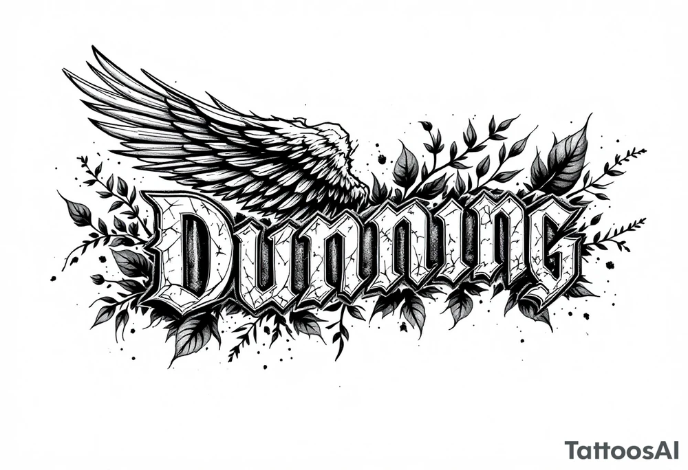 Dunning,on left arm details include angel wing, greek type of font,jungle leaves , tiger claw scratch tattoo idea