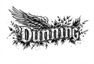 Dunning,on left arm details include angel wing, greek type of font,jungle leaves , tiger claw scratch tattoo idea