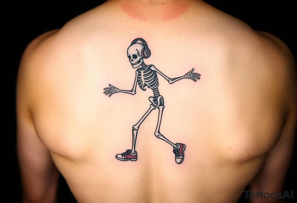 Funny small skeleton exercises jump rope with a blue headphones and blur tennis shoes tattoo idea
