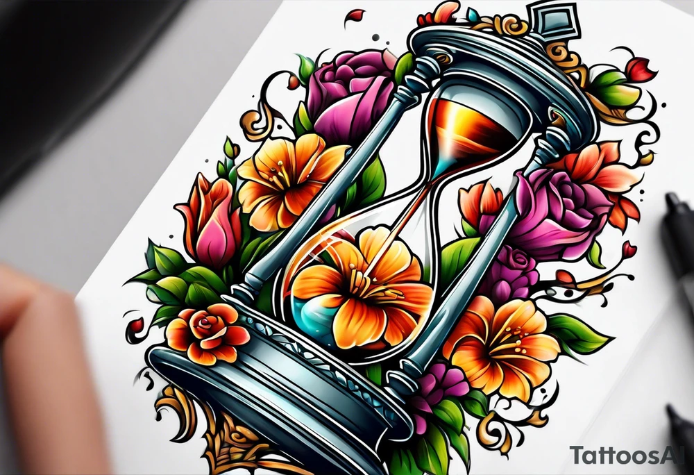 Hour glass sleeve with flowers tattoo idea