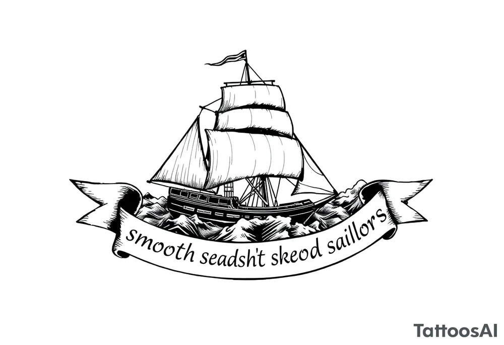 Can you please create an oval design of a ship in rough seas with the words “smooth seas don’t make good sailors” on the ribbon? tattoo idea