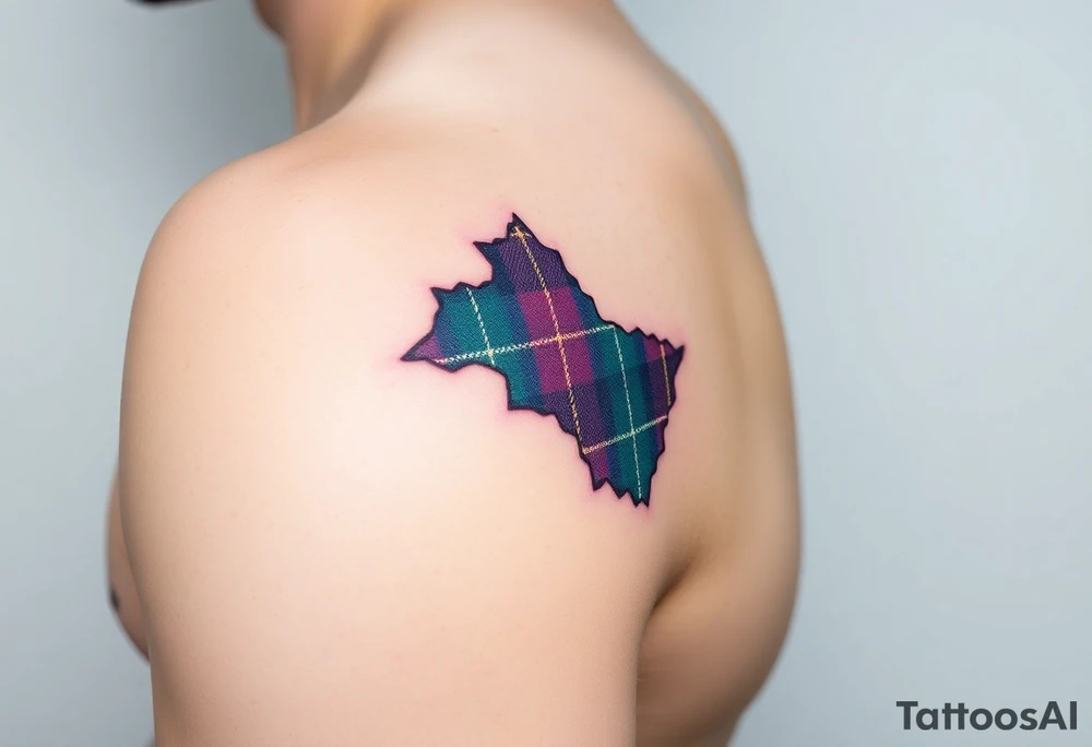 Side of arm Dark Purple with green pink blue and white highlights tartan fabric with skin peeling away at edges tattoo idea