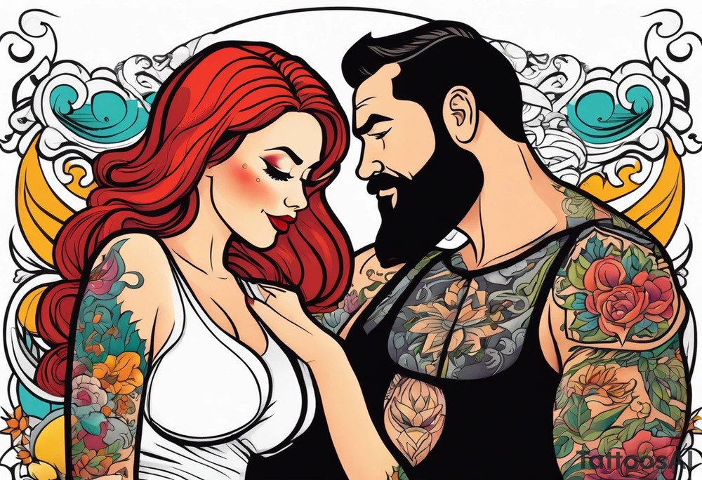 Busty Red haired woman with black haired bearded man tattoo idea