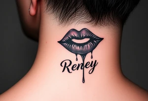 Seductive Stain from lipstick kiss with name Reney lowercase with drool tattoo idea