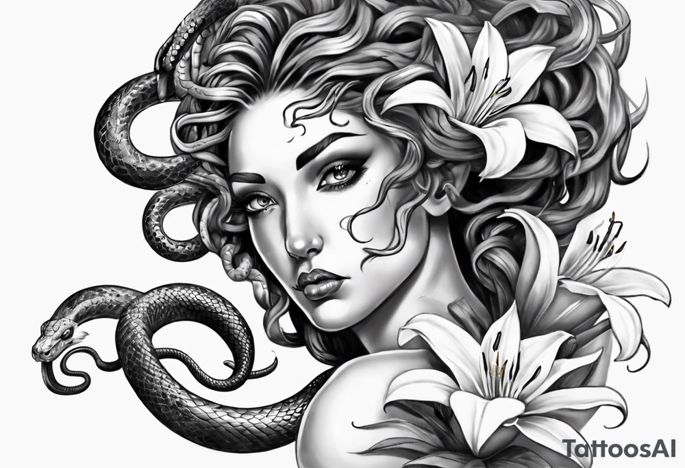 Medusa with white pupils and snake hair. Lilies tattoo idea