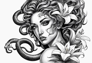 Medusa with white pupils and snake hair. Lilies tattoo idea