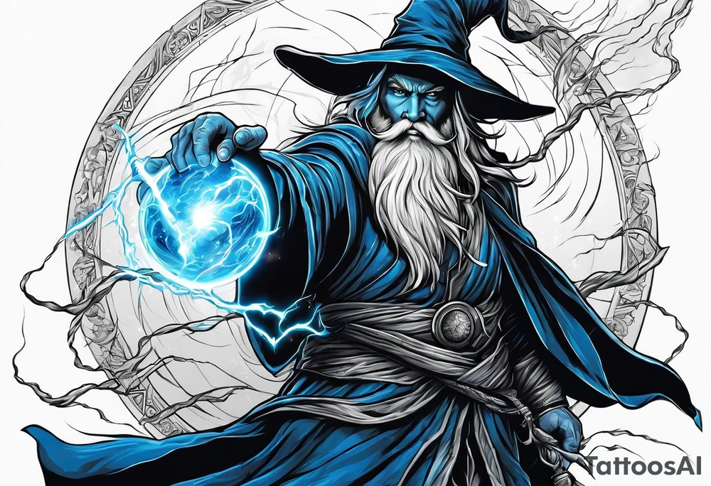 Wizard controlling lightning with a staff with blue arc ball tattoo idea Wizard controlling lightning with a staff with blue arc ball tattoo idea