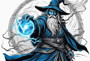 Wizard controlling lightning with a staff with blue arc ball tattoo idea